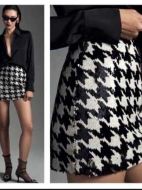 Zara Black and White Houndstooth Sequin Mini Skirt
